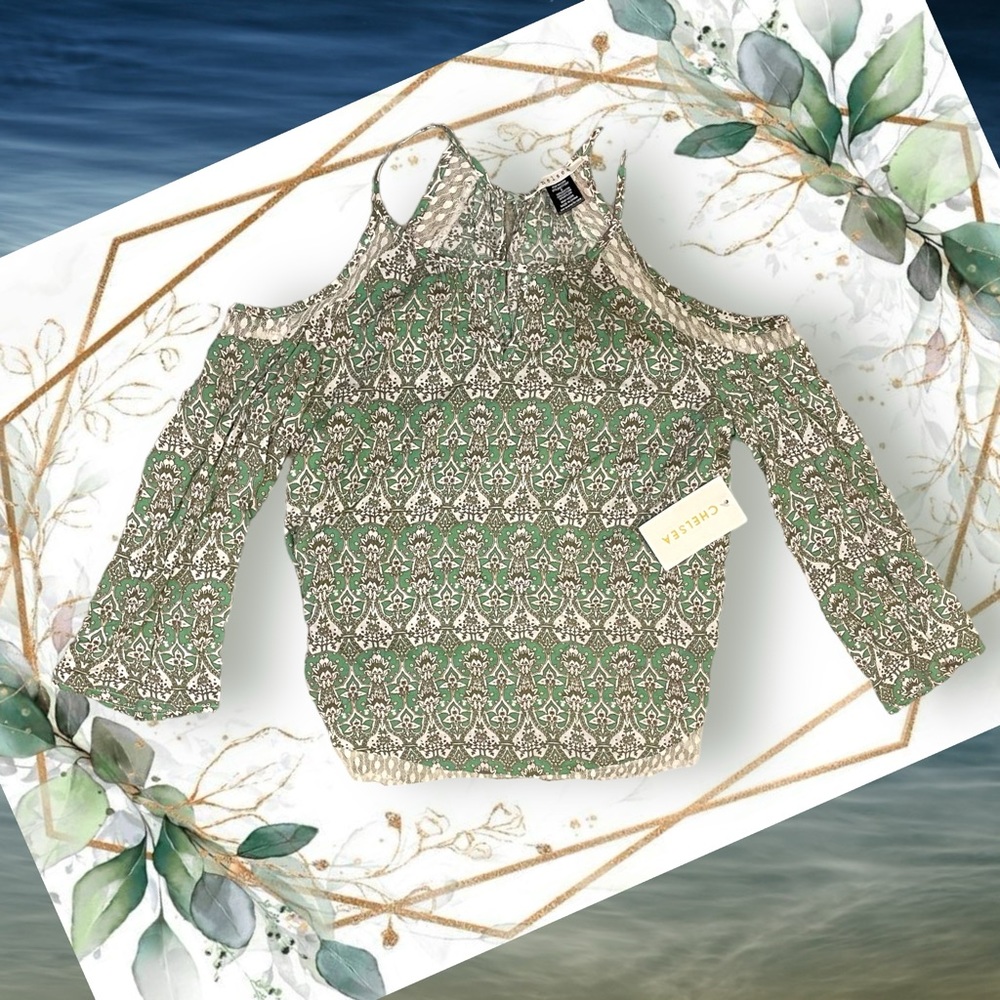 NWT Mint Green Floral Blouse Women’s Size S - Long Sleeve Cold Shoulder Top